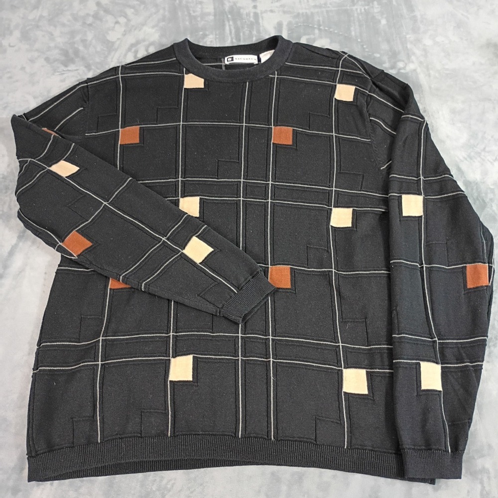 Bachrach Mens XL Silk Cotton Blend Geometric Grid Crewneck Sweater Black Vintage